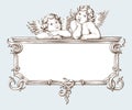 Vintage border frame engraving with Baroque ornament and cupid Royalty Free Stock Photo