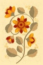 Vintage Botanical Illustration. Flower on a stalk with leaves and buds. Retro palette.