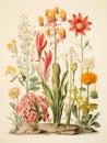 Vintage botany poster. Colored drawing of leaves and flowers on retro paper in flat style