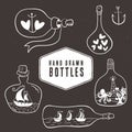 Vintage bottle collection in nautical style. Hand drawn