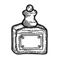 Vintage bottle. Retro medical health sketch, medicine or oil glass, old cosmetic, pharmacy drawing, ink. Vector isolated