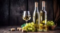 Vintage bottle of white wine without label and bunches of ripe organic grapes on grunged wood table background. AI Generative