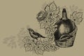 Vintage bottle of wine, ripe grapes and sitting bird. Vintage background, vector illustration