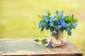 Vintage bouquet of periwinkle flowers outdoors on grunge wooden table