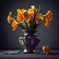 Vintage bouquet of yellow irises in a vase, ai illustration