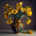 Vintage bouquet of yellow irises in a vase, generative ai illustration