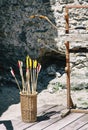 Vintage bow and arrows with ruins wall background Royalty Free Stock Photo