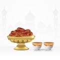 Vintage bowl of dates with tea cup on white background. 3d vector illustration