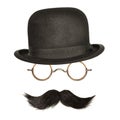 Vintage bowler hat with black curly moustache and glasses isolated on white Royalty Free Stock Photo