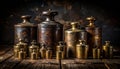 Vintage Brass Calibration Weights on a Rustic Table Royalty Free Stock Photo