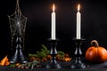 Vintage brass candelabra of five burning candles with dripping wax on a black background vertical background. photo