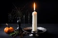 Vintage brass candelabra of five burning candles with dripping wax on a black background vertical background. photo