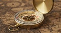 Vintage brass compass on antique map - navigation and exploration concept Royalty Free Stock Photo