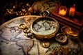 Vintage brass compass on old map. Retro style toned picture, AI Generated Royalty Free Stock Photo