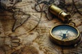 Vintage brass compass and telescope on ancient world map showing South America, exploration and travel theme Royalty Free Stock Photo