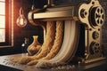 Vintage brass pasta machine extruding fresh noodles in rustic kitchen setting Royalty Free Stock Photo