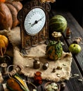 Vintage brass scales, weights and assorted green, yellow, orange pumpkins