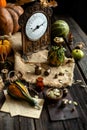 Vintage brass scales, weights and assorted green, yellow, orange pumpkins