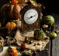 Vintage brass scales, weights and assorted green, yellow, orange pumpkins