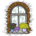 Vintage, brick window with flowers color. Sketch scratch board imitation.