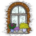 Vintage, brick window with flowers color. Sketch scratch board imitation.