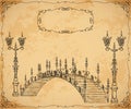 Vintage bridge, lantern and frame with floral ornament on aged paper background.