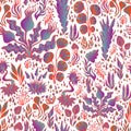 Vintage bright abstract psychedelic plants seamless pattern, vivid gradient violet blue color, red outline, isolated on white Royalty Free Stock Photo