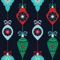 Vintage bright winter holidays seamless pattern with christmas baubles, ribbons and bows