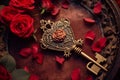 Vintage Bronze 3D Heart Key With Rose Buds