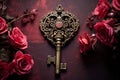 Vintage Bronze 3D Heart Key With Rose Buds