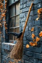Vintage Broom Leaning Against Blue Brick Wall with Autumn Leaves Decorations