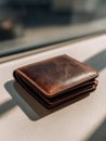 Vintage brown leather wallet placed on smooth surface with sunlight casting soft shadows capturing classic accessory style and Royalty Free Stock Photo
