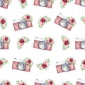 Vintage brown retro cameras and red flowers watercolor clipart seamless pattern digital paper. Hand drawn illustration Royalty Free Stock Photo