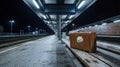 Vintage brown suitcase on a wooden bench at an empty train station platform at night Royalty Free Stock Photo