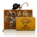 Vintage brown threadbare suitcase with collection of retro grunge vacation & travel labels