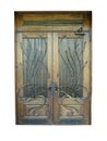 Vintage brown wooden old door with forged decoration isolated over white Royalty Free Stock Photo