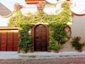 Vintage building with greenery growing with purple flowers in san miguel allende mexico Royalty Free Stock Photo