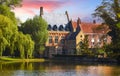 Vintage building lake of love in Minnewater park Bruges