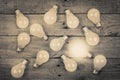 Vintage bulbs on wooden background - idea, innovation, teamwork and leadership concept. Space for text Royalty Free Stock Photo