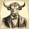 Vintage Bull Illustration With Bow Tie: Studio Portrait In Sepia Tone