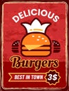 Vintage burger poster. Retro hamburger or cheeseburger flyer. Fastfood advertising banner with text and price. Sandwich