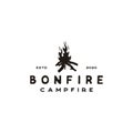 Vintage Burning bonfire with a large flame for camping logo design