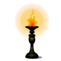 Vintage burning torch on stand facing the floor. Light source isolated on a white background. Vector illustration.