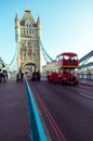 15/10/2017 London, UK, Vintage bus and other traffic on the Tower Bridge