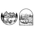 Vintage bus outdoor adventure, hand drawn line art vector illustration