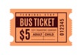 Vintage bus ticket. Paper coupon. Public transport pass paper with separation line. Check for paid fare. Orange sheet Royalty Free Stock Photo