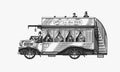 Vintage bus with tourists. Two-story old retro transport. British sightseeing car. Monochrome retro style. Hand drawn Royalty Free Stock Photo
