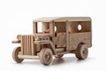 A vintage bus, a toy car made of wood. Royalty Free Stock Photo