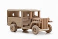 A vintage bus, a toy car made of wood. Royalty Free Stock Photo