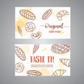 Vintage business card with sketch bakery, pastries, sweets, desserts, cake, muffin and bun. Hand drawn design for menu